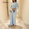 Sukienki imprezowe SUMNUS Sky Blue Syrenca Evening Long Rleeve Ruffles Satin Saudi Arabic Prom Sukienka z spódnicą Dubai Formal Suknie