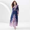 Vintage Designer Bleu Boho Maxi Robe Robe Femmes Paisley Floral Col En V Taille Haute Ruché Robes Longues 2023 Printemps Automne Casual Piste Imprimé Robes De Vacances
