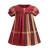 Cotton Girls Dress Vestido de gola virada de colarinho curto Bowknot Skirt