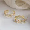 Stud Earrings Romantic Sweet 14K Real Gold Plated Crystal Pearl Flowers Hoop For Women Jewelry S925 Silver Needle Shiny Zircon