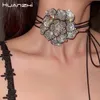 Pendant Necklaces HUANZHI Vintage Full Large Black Flower Necklace for Women Girls Choker Wax Thread Multiple Layers Fashion Jewelry 231102