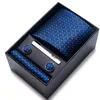 Arco laços 100% seda marca gravata lenço cufflink conjunto para homens gravata caixa de presente de feriado azul ouro terno acessórios fino casamento gravatas 231102