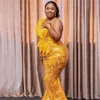 2023 arabe Aso Ebi jaune sirène robe de bal paillettes dentelle robes de soirée perlée anniversaire fiançailles deuxième robe robe femmes vêtements de cérémonie WD026