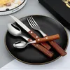 Geschirr-Sets Mittagessen Edelstahl gut für Outdoor Holzgriff Reise Geschirr Messer Gabel Löffel Set Besteck