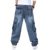 Jeans pour hommes Large Fit Jeans Pantalons en denim pour hommes Poches droites Casual Street Clothing Hip Hop Marque Blue Wide Leg Freight Train 230403