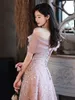 Pink Bridesmaid Dresses Elegant Off Shoulder Shiny Sequin Long A-Line Luxury Lace Engagement Evening Prom Dance Party Toast Gowns