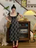 Party Dresses Korobov Vintage Plaid For Women 2023 Vestido Feminino Waist Slimming Y2k Dress Lace Patchwork Square Collar MIDI Skirt