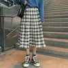 Skirts Vintage Cotton Plaid High Waist Mid Length Summer A-line Pleated Leather Women's Leather Faldas Saias Mulher 230403