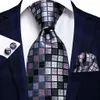 Bow Ties Hi-tie Designer Grey Plaid Nowość jedwabny krawat ślubny dla mężczyzn Condyk Cufflink Gift Męs