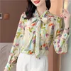 Blusas femininas cetim vintage camisas soltas moda seda primavera/verão roupas florais mangas compridas decote em v arco estampas topos