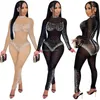 Designer Rhingestone Diamonds Jumps Curchs Women Long Mancheve BodyCon Rompers Sexy Voir à travers des combinaisons en filet