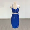 Zweiteiliges Kleid BEVENCCEL 2023 Sommer Damen Blau Grün Weiß Schwarz 4-farbig genietet Sexy Enge Bandage Kurzes Top mit Rock Set