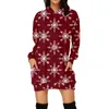 Casual Dresses Elegant Elk Reindeer Women Hoodie Mini Dress Loose Red Christmas Ladies Long Sleeve Pocket Hooded Sweatshirt