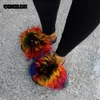 Slippers Fluffy Raccoon Fur Slippers Shoes Women Fur Flip Flop Flat Furry Fur Slides Outdoor Sandals Fuzzy Slippers Woman Amazing Shoes 231102