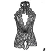 Women'S Sleepwear Womens Sleepwear Women Deep V Open Erotic Lingerie Lace Transparent Bra Set Y Costumes Crotchless Bodysuit Female Un Dhbko