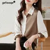 女性用ブラウスエレガントなシックなオフィスレディービーズボタンアップシャツ韓国ファッションパッチワーク長袖