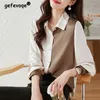 Chemisiers pour femmes Élégant Chic Bureau Dame Perle Chemise Boutonnée Mode Coréenne Patchwork À Manches Longues Commute Top Blouse Femmes Blusas Vêtements