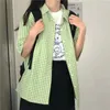 Kvinnors polos japanska harajuku rutig skjorta blus kort ärm koreanska gröna toppar kvinnlig preppy estetik mode cardigan