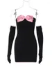 Sukienki swobodne 2023 Spring Pink Bowknot Rękawiczki Seksowna sukienka dla kobiet bez ramiączek Bodycon Pakiet Utwaj urodzinowy wieczór czarny