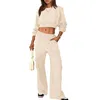 Women's Two Piece Pants Women Solid Short Crop Sweatshirt & Suit Simple Pullover Tops Palazzo Pant Casual Loose Tracksuit Set