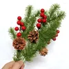 Decorative Flowers Christmas Simulation Pine Branch Xmas Tree Leaf Fruit Red Berry Ornament Merry Decor Five Forked Needle