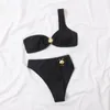 Women's Swimwear Women Fashion Bikini Set With Pants Block Color Two Pieces Bathing Suits One Shoulder Sexy Good Quality Lady