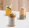 USA CA Warehouse Water Cup Cup With Bamboo Lid Straw Brush 4 Piece Set 16oz Can Ice Coke Cle Clear Frosted Glass Glass