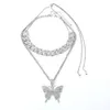 Fashion Hip Punk Style Rhinestone Butterfly Necklace for Women Miami Cuban Link Chain Necklace Tennis Chain Necklace