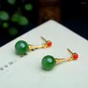 Stud Earrings 24K Sand Gold Imitation Green Jade Cord Female