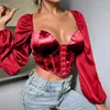 T-shirt da donna Hirigin Women Sexy Ruffle Off Shoulder Puff Long Sleeve Top Fashion V-Neck Tunica Tie-up Exposed Navel Camicetta Pullover
