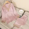 Mulheres Pijamas Pijamas Terno Mulheres Sexy Casual 2 PCS Pijamas Cetim Primavera Lounge TopPants Set Rayon Lace Patchwork Home Roupas