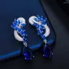 Boucles d'oreilles à dos trois grâces, zircone cubique bleue, forme de fleur, couleur argent, sans trou percé, Clip d'oreille sur bijoux pour femmes EJ48