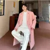 Men's Trench Coats 2023 High Quality Pink Coat Korean Fashion Double Breasted Woolen Winter Thicken Long Jacket For Man