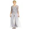 Chique prata mãe da noiva pantsuit 2024 três peças bolero jaqueta chiffon casamento convidado roupa terno feminino noite vestido formal vestidos de gala noivo mãe vestido