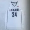 Basketbol Ray Allen UConn Huskies College Forma 34 Üniversite Takımı SAVA KOBASI BEYAZ RENK Spor Hayranları Gömlek Nefes Alabilir Saf Pamuk Nakış ve Dikiş NCAA