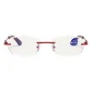 Solglasögon 2023 Rimless Glasses Women mode anti-Blue Light Flat Mirror Diamond Cut Frontier Blue Reading