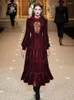 Casual Dresses Luxury Ladies Autumn High Quality Fashion Party Black Wine Red Pleated Velvet Embroidery Hollow Out Long For Women
