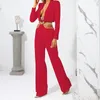 Dwuczęściowe spodnie damskie Czerwony Czerwony Łańcuch Długie rękawie V Blazer Top i garnitur Celebryty Party Night Club Sets Girl Streetwear