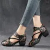 Sandaler 5 cm tryck autentisk elegans mode äkta läder rund tå etnisk sommar lyxdesigner kvinnor chunky häl skor
