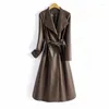 Couro feminino primavera outono longo laranja marrom preto macio falso trench coat para mulheres cinto contornado elegante moda de luxo 5xl