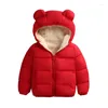 Jacken Baby Winter Mantel Kinder Casual Solide 3D Bär Ohr Mit Kapuze Unten Jacke Overalls Schnee Warme Kleidung Für Kinder Jungen mädchen Körper