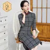 Ethnic Clothing Traditional Mandarin Collar Plaid Printed Knee-Length Cheongsam Chinese Seven Points Sleeve Qipao Women Dress