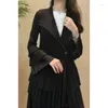 Women's Trench Coats Pleated Ruffled Lace Robe Autumn/Winter Foreign Trade Long Suit Collar Coat Style Gray Fashion Trend