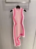 Women's o-neck sleeveless pink gradient color bodycon tunic knitted fabric asymmetric irregular design tank dress SMLXLXXL
