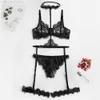 Women Intimates See Through Sexy Bra And Panties Sheer Underwear Set Lace Eyelash Underwire Lingerie Set With Choker- Black 220513