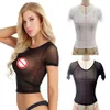 Sexy Costume Ladies Mesh Sheer Top Black and White Short See-through Body Shaping Underwear Sexy Inner T-shirt Nightclub Trend