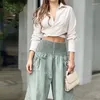 Kvinnors tvåbitar byxor Design Hollow Out Tie-up Shirts Ruffle Wide-Ben Women Pass Fashion Streetwear Outfits Sexig Boho Shirt 2st Set Set