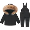 Kledingsets Winter Kind Reflecterende Strip Puffer Skipak Baby Meisje Jongen Afneembare Bont Donsjack 2-weg Rits Jumpsuit Broek Kind Outfit