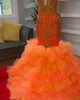 Orange pärlstav rygglösa balklänningar sjöjungfrun rhinestones aftonklänningar ren juvel hals tyll rufsad special tillfälle formellt slitage