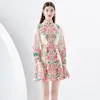 Semester Puff Sleeve Floral Mini Dress Woman Fashion Designer Stand Collar Slim Ruched A-Line Party Dresses 2023 Spring Autumn Singer-Breasted Runway Cute Frocks